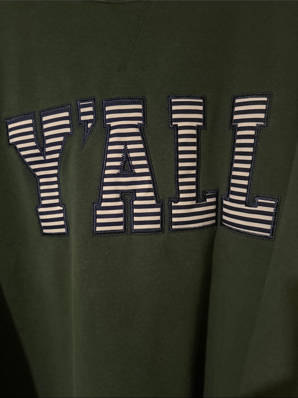 Crewneck Sweatshirt in Dark Green with Striped 'Y'ALL' Applique - Picture 2 of 8